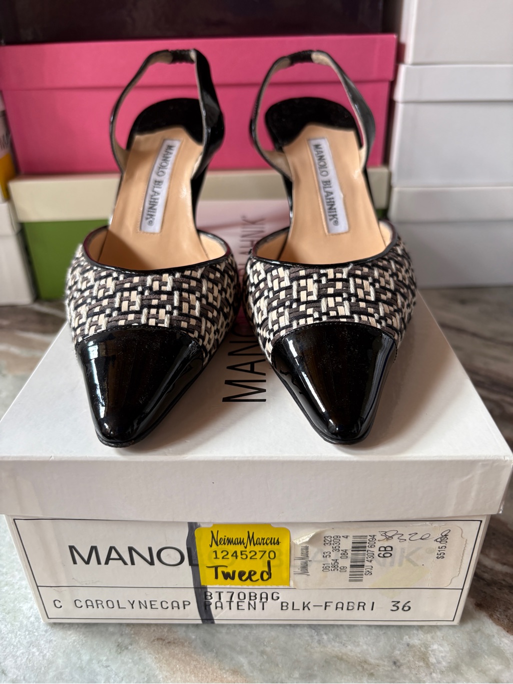 Manolo Blahnik Black Patent & Ivory Tweed Pointed Slingback Heels